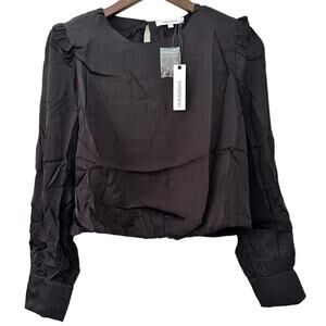 OLIVACEOUS Large Womens Black Ruffle Long Sleeve Blouse Top Crop Keyhole NWT